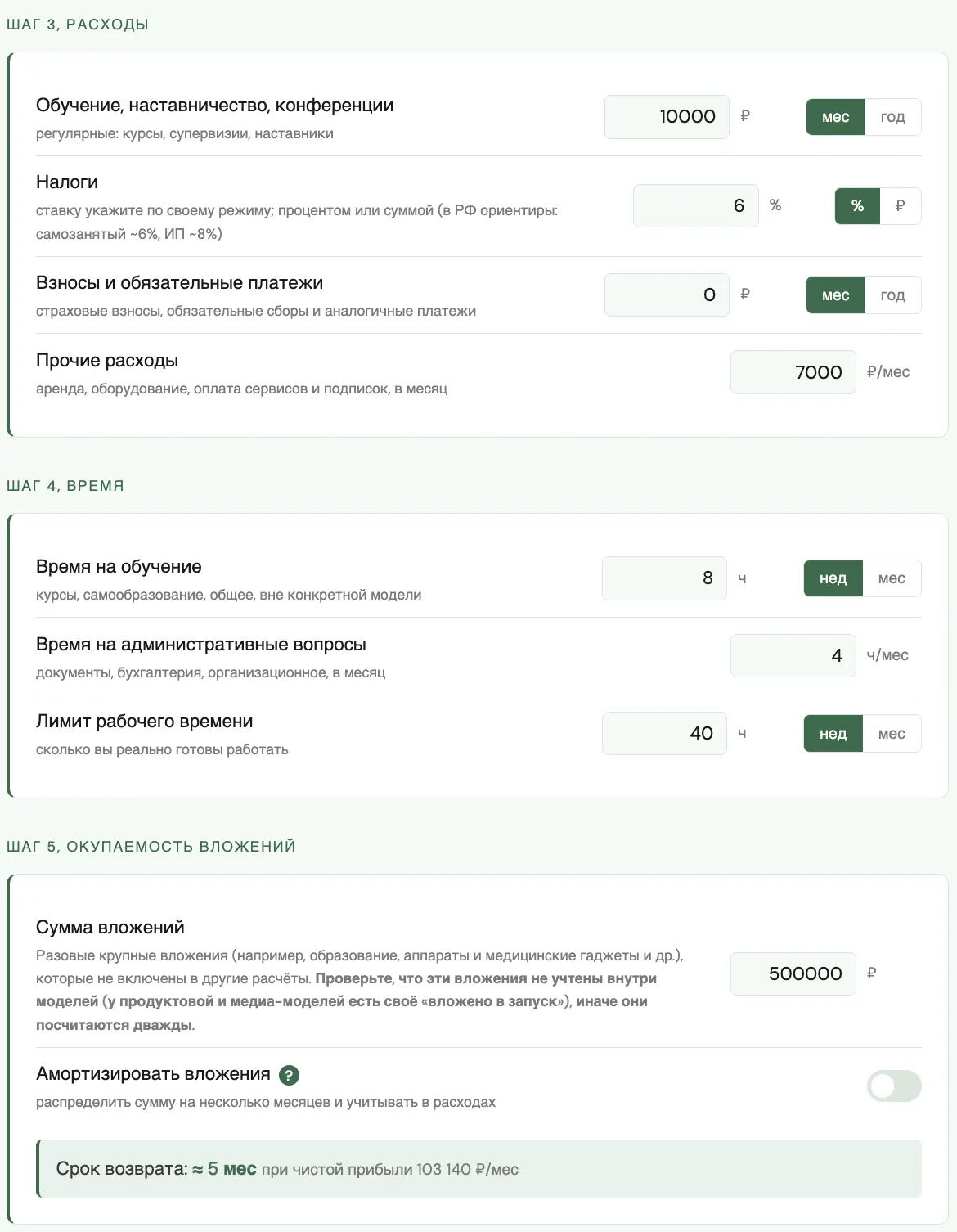 Общие расходы, время и окупаемость вложений